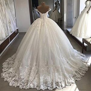 Bollklänning Princess Wedding Dresses Appliced ​​Spets Off Shoulder Sparkly paljetter Corset Back Bridal Gowns Gorgeous Luxury256e