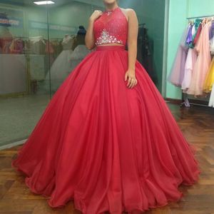 Glitzerndes Ballkleid-Quinceanera-Kleid, sexy, offener Rücken, zweiteiliger Neckholder, Schnürung, Kristall, süße 16-Kleider für Mädchen, 15. Geburtstagskleider245f