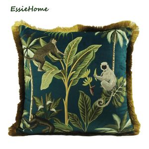 ESSIE HOME Tropical Plants Palm Leaves Animal Pattern Monkey Digital Print Velvet Cushion Cover Pillow Case With Gold Tassel247H