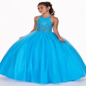 Halter Blue Little Girls Pageant Dresses Party Dance Birthday Gowns Crystal Sequins Girl Communion Dress Formal Flower Girls Dress343x