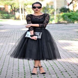 Cheap 2019 Tea Length Evening Dresses 3 4 Long Sleeves Jewel A Line Black Evening Gowns Lace Long Formal Party Dresses2640