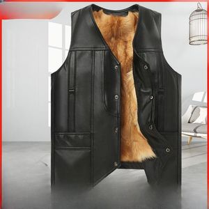 Men's Vests 2023 Men Autumn Winter Genuine Leather Vest Waistcoat Sleeveless Jacket Male Middle-aged Thick Fleece Coats D338