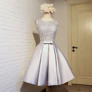Sexy Crew Neck Party Dress Silver Gray Satin A Line Homecoming Dresses Tulle Lace Applique Backless Graduation Prom Dresses With L238V