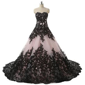 Blushing Pink Black Gothic Ball Gown Wedding Dresses Sweetheart Lace Appliques Vintage Bridal Gowns Non White Wedding Colorful2340