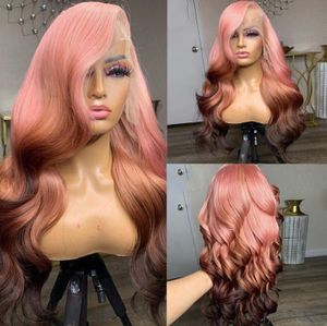 Perucas de cabelo humano castanho rosa ombré destaque ondulado Remy Hair 4*4 perucas transparentes