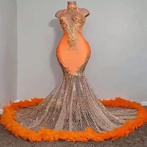 Black Girls Orange Mermaid Prom Dresses 2023 Satin Beading Sequined High Neck Feathers Luxury Skirt Evening Party Formal Gowns BC1326n
