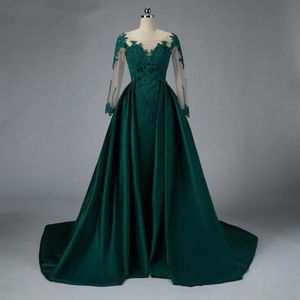 green satin mermaid evening dresses detachable train beads lace prom gowns side split long sleeves women formal dress prom with be275H