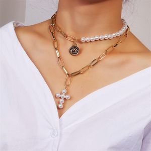 Modehalsband 2021 NYTT RETRO CROSS PORTRAIT NECKLACE Pearl Alloy Double Luxury Chain 022708233V