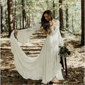 Chic Ivory Lace Boho Wedding Dress Civil Forset Country Wedding Dresses Deep V Neck Poet Sleeves Summer Beach Wedding For Bride223r