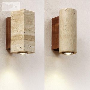 Wall Lamp Natural Yellow Travertine LED Lamps Japanese Silent Bedroom Bedside Sconces Lights Solid Wood Aisle Living Room Fixtures