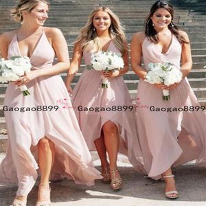 2019 Amerikanisches griechisches Hallo-Lo-langes Chiffon-Sommer-Strandparty-Brautjungfernkleid mit Neckholder und V-Ausschnitt, einfaches Trauzeugin-Kleid nach Maß mad183n