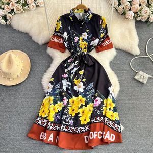 Basic Casual Dresses 2023 Summer Newest Runway Designer Bowknot Dress Women's Short Sleeve Shirt Collar Floral Letter Printed Black Pink Midi Dresses