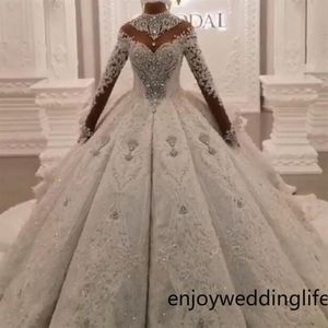 Lussuoso abito da ballo abiti da sposa 2022 Dubai arabo collo alto cristalli in rilievo 3D pizzo appliques abiti da sposa lunghi increspati lunghi Sl2297