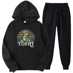 Men's Tracksuits Cartooon Yoshi Solid Color Men Set Fashion Casual Autumn Fleece Hoodies Pants Two-Piece Tracksuit Trendy Sportswear