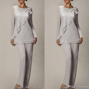 Silver Chiffon Summer Mother Of the Bride Pant Suits Two Pieces Long Sleeves Plus Size Wedding Mothers Guest Dress Custom Made171P