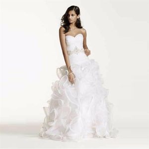 Ruffled kjol bröllopsklänning med utsmyckad pärla midja älskling designer organza skräddarsydda brudklänningar swg492220c