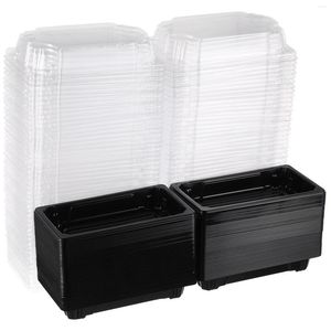 Flatware Sets 100pcs Sushi Trays With Lids Take Out Containers Packing Boxes Fruit Cake Carry Black