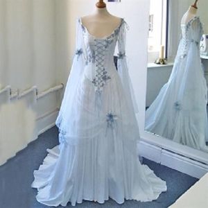 Vintage celtyckie sukienki ślubne białe i jasnoniebieskie kolorowe średniowieczne sukienki ślubne dekolt dekoltu gorset długi dzwonek Applique252d