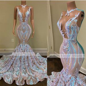 Black Girls Sparkly Sequin Long Wedding Gowns 2022 Sexy sheer o Neck Mermaid African Women Gala Brideal dresses robes BA10728261P