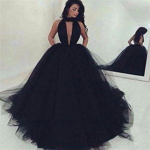 Sexy Deep V Neck Blackj выпускные платья без спинки Tulle 2018 Custom Made Sweep Train Ballgown Официальное вечернее платье для вечеринки272D