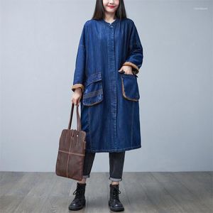 Trench da donna moda allentato dritto manica lunga primavera autunno al ginocchio capispalla con tasche denim monopetto