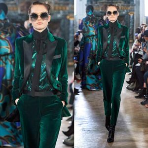 Elie Saab Dark Green Women Suits Evening Dresses Velvet Black Collar Pants Suit Long Slevee Formal Women Prom Gowns Vestidos De No2408