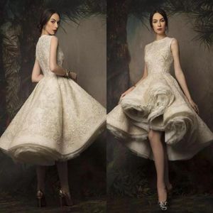 Krikor Jabotian High Low Tea Leagth Bride Dresses Jewel Neck Lace Vintage Sequins Short Party Wedding Dress Bridal Gowns221E