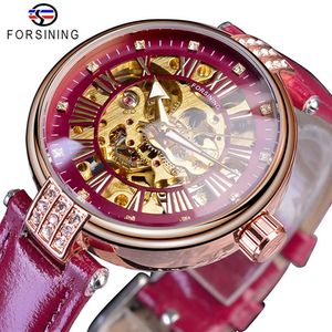 Forsining Fashion Golden Skeleton Diamond Design Red Genuine Leather Band Luminous Lady Mechanical Watches Top Brand Luxury300A