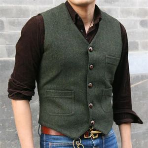 2023 Modest Dark Green Wedding Groom Vests Wool Herringbone Tweed Vests Groomsmen Vest Mens Suit Vest Prom Blazers Waistcoat Plus 221q