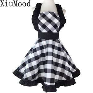 XiuMood Woman's Avental For Home Kitchen Cooking Dining Accessory Black and White Buffalo Plaid Retro Full Aprons Bib F12142732