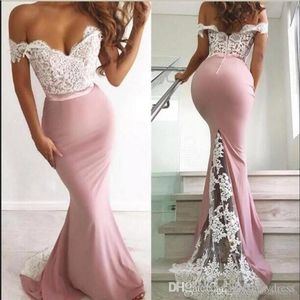 Blush Pink Satin Mermaid Bridesmaid Dresses 2020 Off the Shoulder Lace Applique Sweep Train Maid Of Honor Gowns With Buttons BM0843081