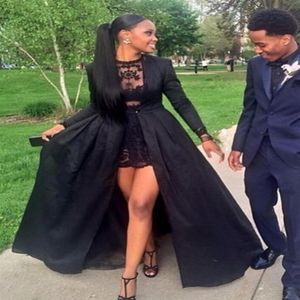 2 Pieces Black Prom Dresses Long Sleeve Jewel Neck Short Lace Dress Long Coat Floor Length Party Gowns Custom Made261J
