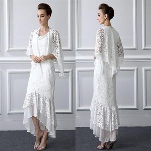 2 pezzi pizzo formale madre della sposa abiti maniche lunghe guaina alta bassa plus size abito madre con cappotto abiti da sera economici276Q