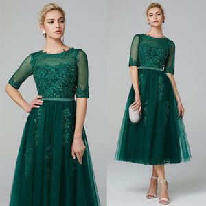 Vestido de comprimento de chá verde-oliva mãe da noiva mangas meias para convidados de festa de casamento vestidos de noite formais289q