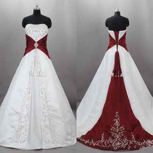 Vintage Dunkelrote und weiße Brautkleider 2019 trägerlos Satin Stickerei Lace Up Sweep Zug Brautkleider nach Maß vestido de262k