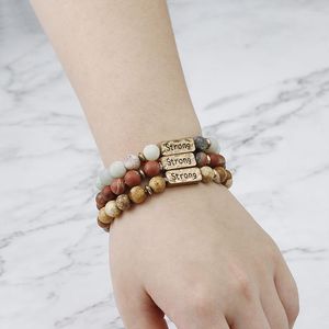 Strand Word Strong Natural Stone Bracelet Motivational Letter Stretch Bangle 3 Colors Beads Chain For Friends Sister Hope Bless Gift