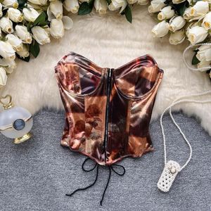 Kadın Tankları Kadın Amerikan Retro Satin Tie Boya Kat Camis Düzensizlik Tasarım Dantel Yukarı Mahsul Top Yok Göğüs Pedi Gizli Düğmesi Seksi Şık Tank