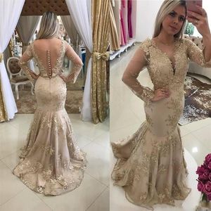 Champagne Arabic Mermaid Evening Dresses Long Sleeve Sheer Neck Appliques Formal Prom Party Gowns Special Occasion Dress vestidos 220j