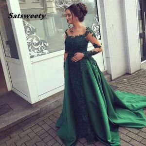 Emerald Green Evening Dress Lace Long Sleeves Prom Gown Chiffon Appliques Women Party Dresses Mother of Bride Vestidos De Fiesta180S