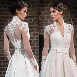 Białe koronki z kości słoniowej aplikacje Wysokie szyi z długimi rękawami Sheer Bridal Bolero Jackets Tiulle Bridal Akcesoria Niestandardowe M273F