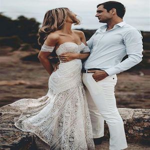 2019 Boho Summer Off Shoulder Bohemian New Beach Backless Wedding Dress Lace Transparent Modern Long Bridal Gown Custom Made Casua2727
