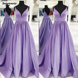 Lila ärmlös satin djup v hals prom klänning vestido de festa longo elegant enkla kvällsklänningar long281w