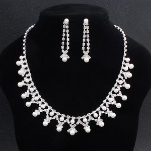 2022 Bling Peals Conjunto de joias de noiva prata branco banhado a colar brincos de pérola conjuntos de joias de casamento para noivas damas de honra mulheres2268
