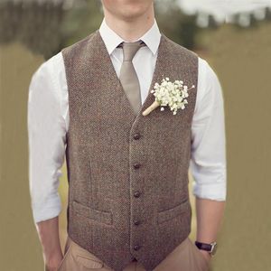 Country Brown Groom Vests for Wedding Wool Herringbone Tweed Custom Made Slim Fit Mens Suit Vest Farm Prom Dress Waistcoat Plus SI237M