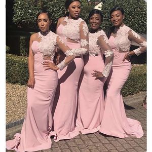 Pink Lace Bridesmaid Dresses Long Sleeves Mermaid Sweep Train Flower Bridesmaid Dresses Maid Of Honor Wedding Party Dresses237c