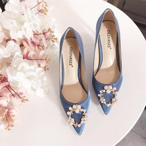 High Quality Stiletto Heel Silk Wedding Shoes For Bride Luxury Designer Women Heels Pearls Poined Toe Rhinestones Bridal Shoes311h