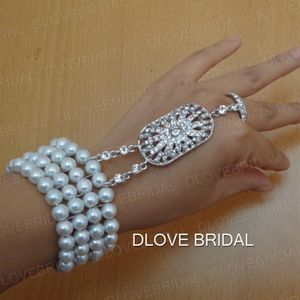 Romantic Pearl Crytal Bridal Bracelet with Ring In Stock Ready to Ship Wedding Accessory Hand Chain Bridal Jewelry R2348