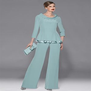 Graceful Mint Green Chiffon Mothers Pants Suit Jewel Neckline Long Sleeve With Beads And Sequins Two Pieces For Wedding Party Gues246p