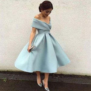 Bescheidene kurze Partykleider, schulterfrei, knielang, Satin, rückenfrei, arabisches Brautjungfernkleid, Abschlussball, Cocktailkleider, nach Maß242T