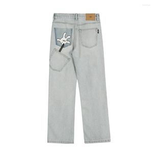 Jeans Masculino Moda Calça Reta Engraçada Desenhos Animados Palm Print Desgastado Lavado Casual Feminino Hip Hop Streetwear Calças Denim